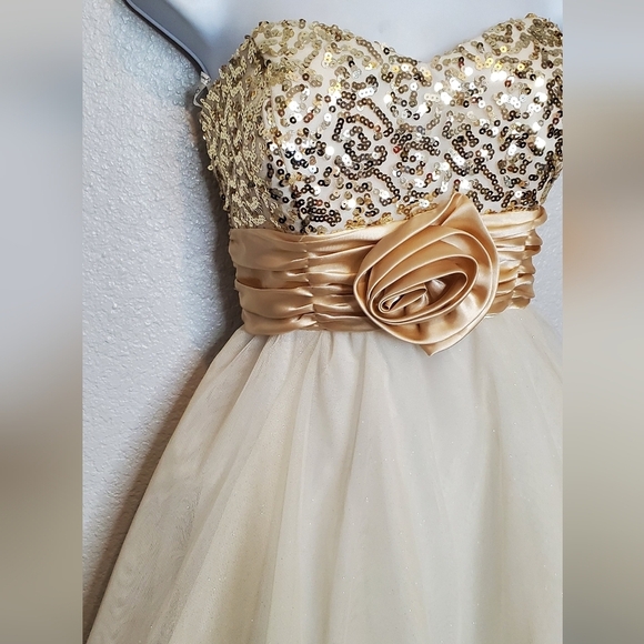Champagne Gold Satin Sequin Tulle Strapless Mini Cocktail Party Dress Size 6/7 - Picture 5 of 9